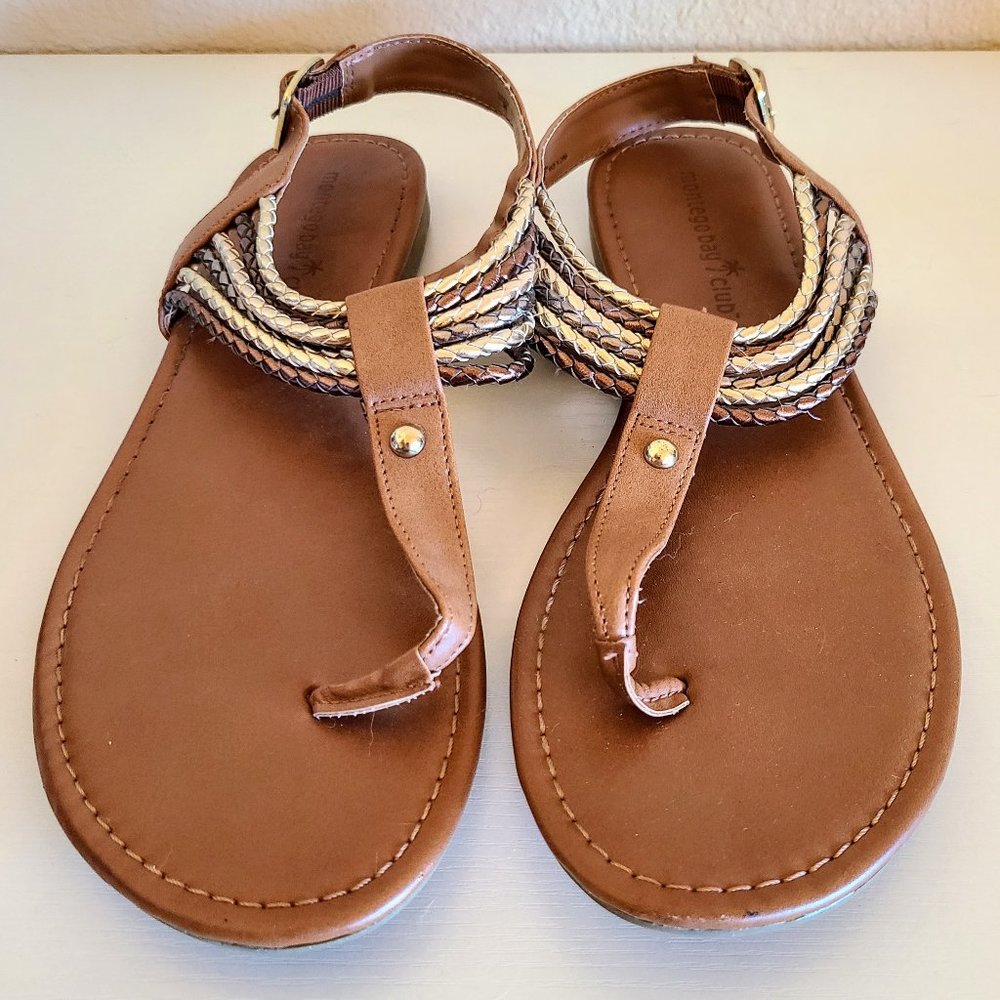 Montego Bay Tan Sandles with Metallic Braided Cords and Buckle Women's 10 - VGC